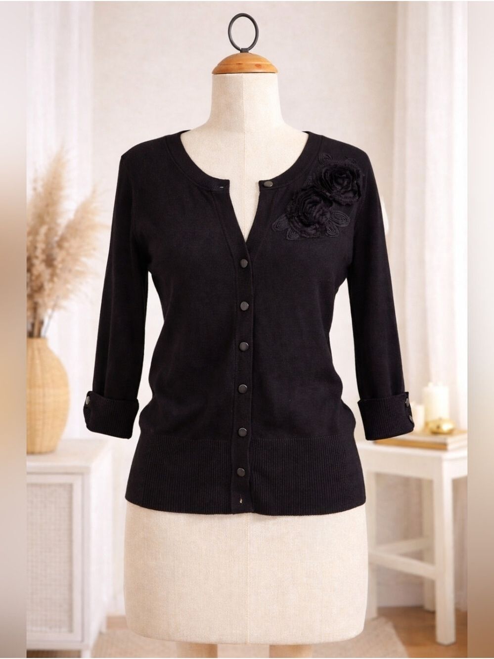 Mosca Black Cardigan Floral Applique Lightweight Button Front Size M